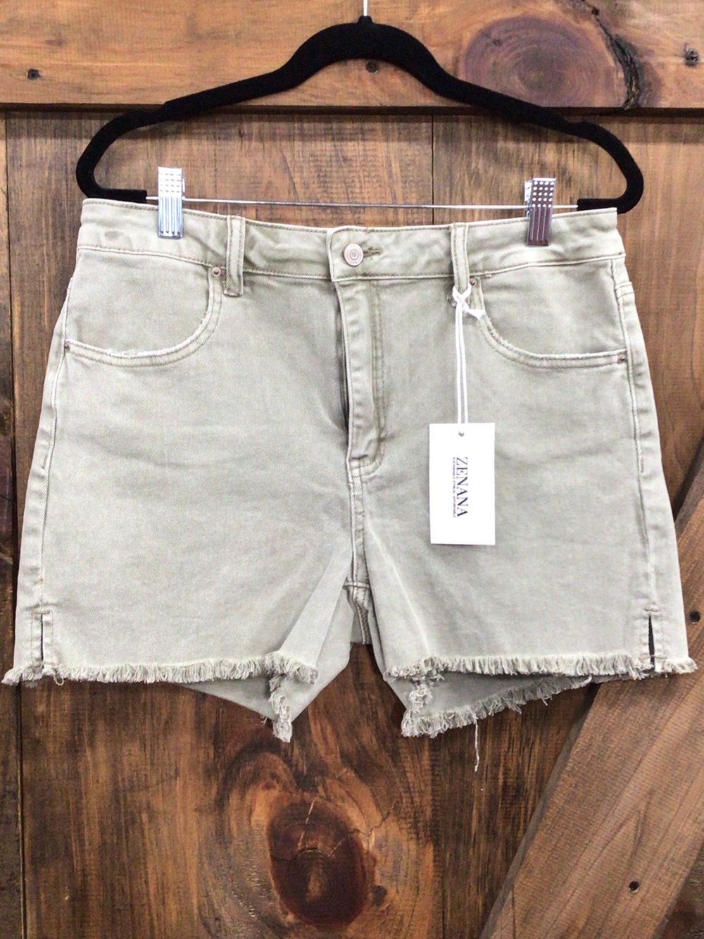 Zenana Outfitters Frayed Hem Jean Shorts — Light Khaki
